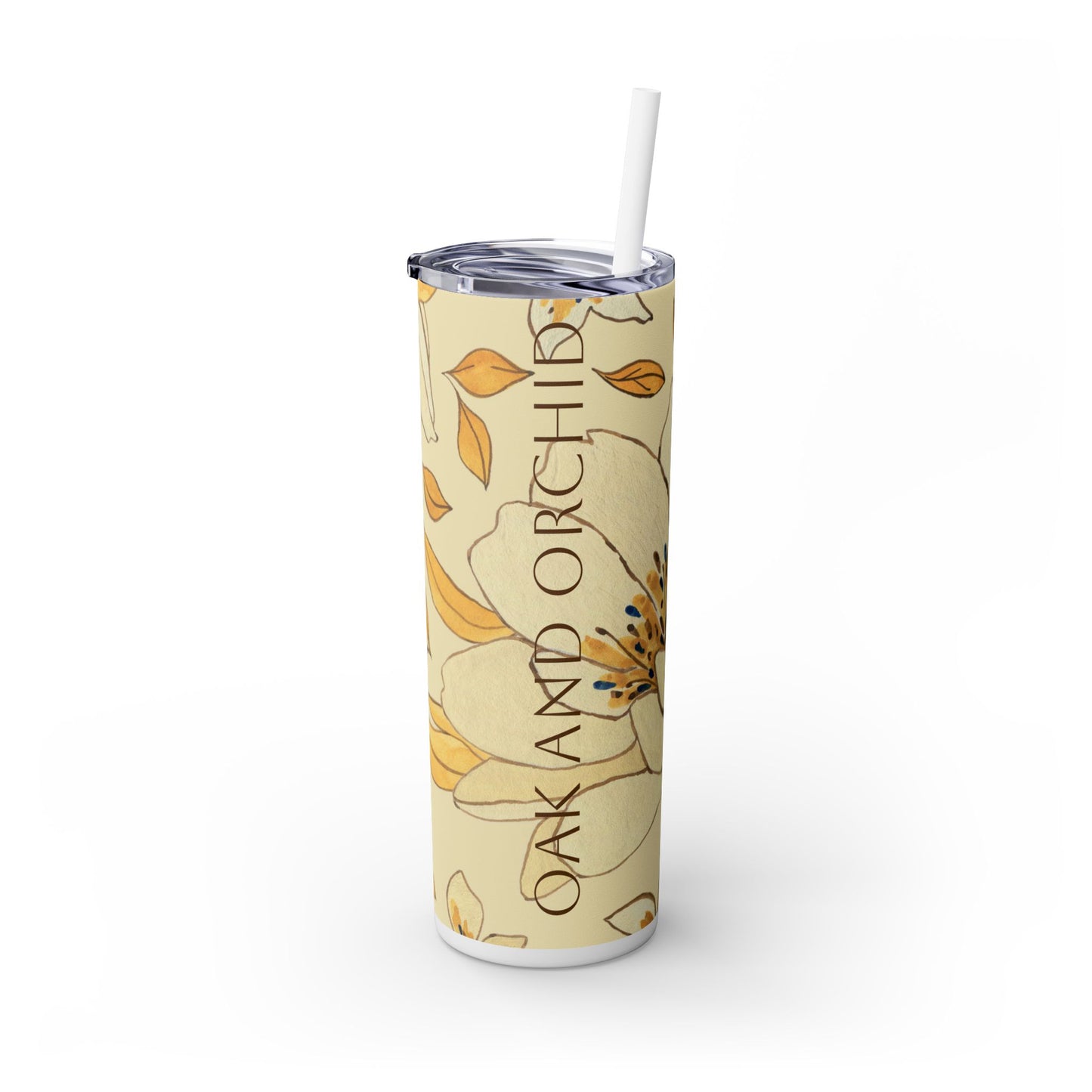 Floral Skinny Tumbler with Straw - 20oz, Personalized Oak and Orchid Design