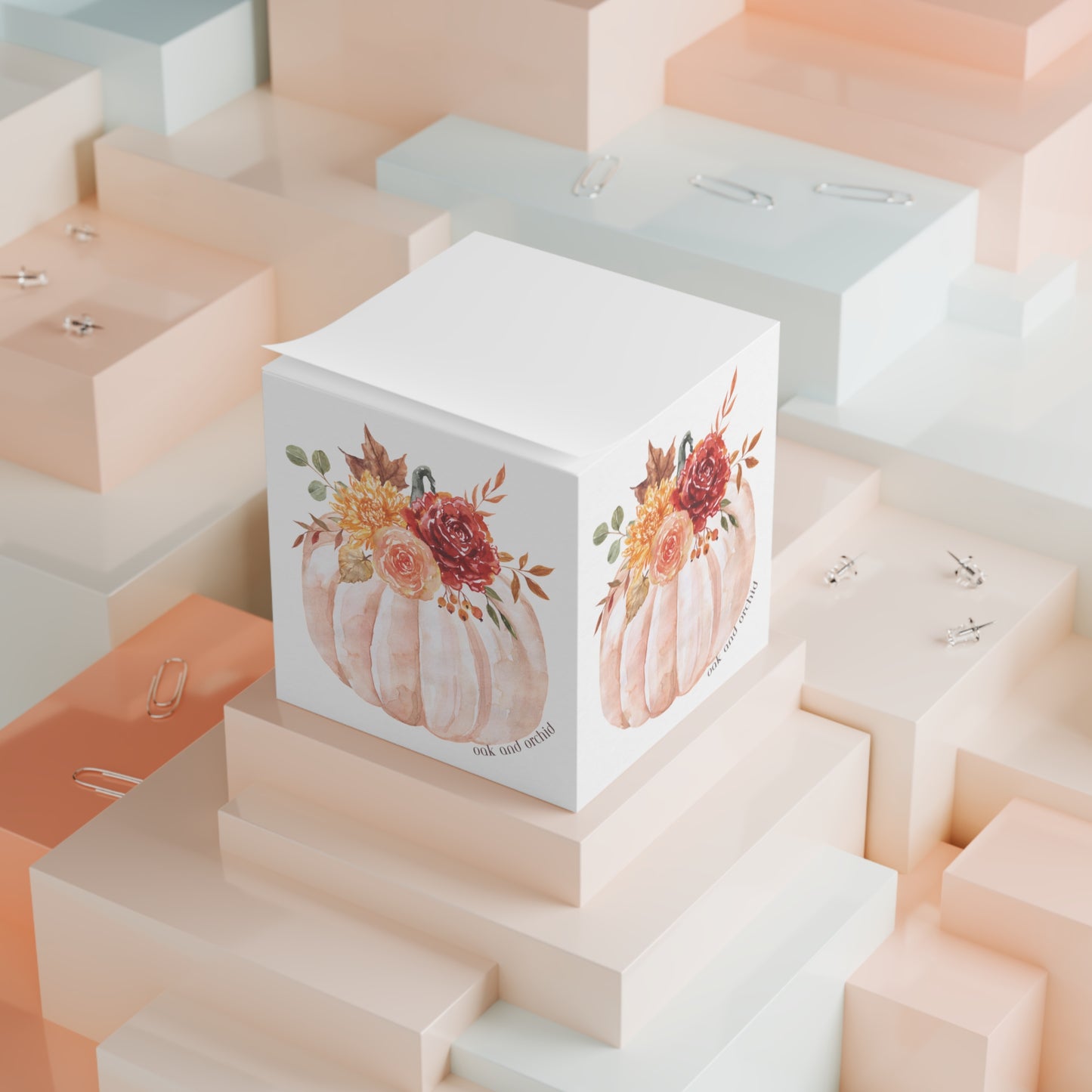 Fall Floral Note Cube, Harvest Stationery, Autumn Desk Decor, Pumpkin Notepad, Thanksgiving Gift