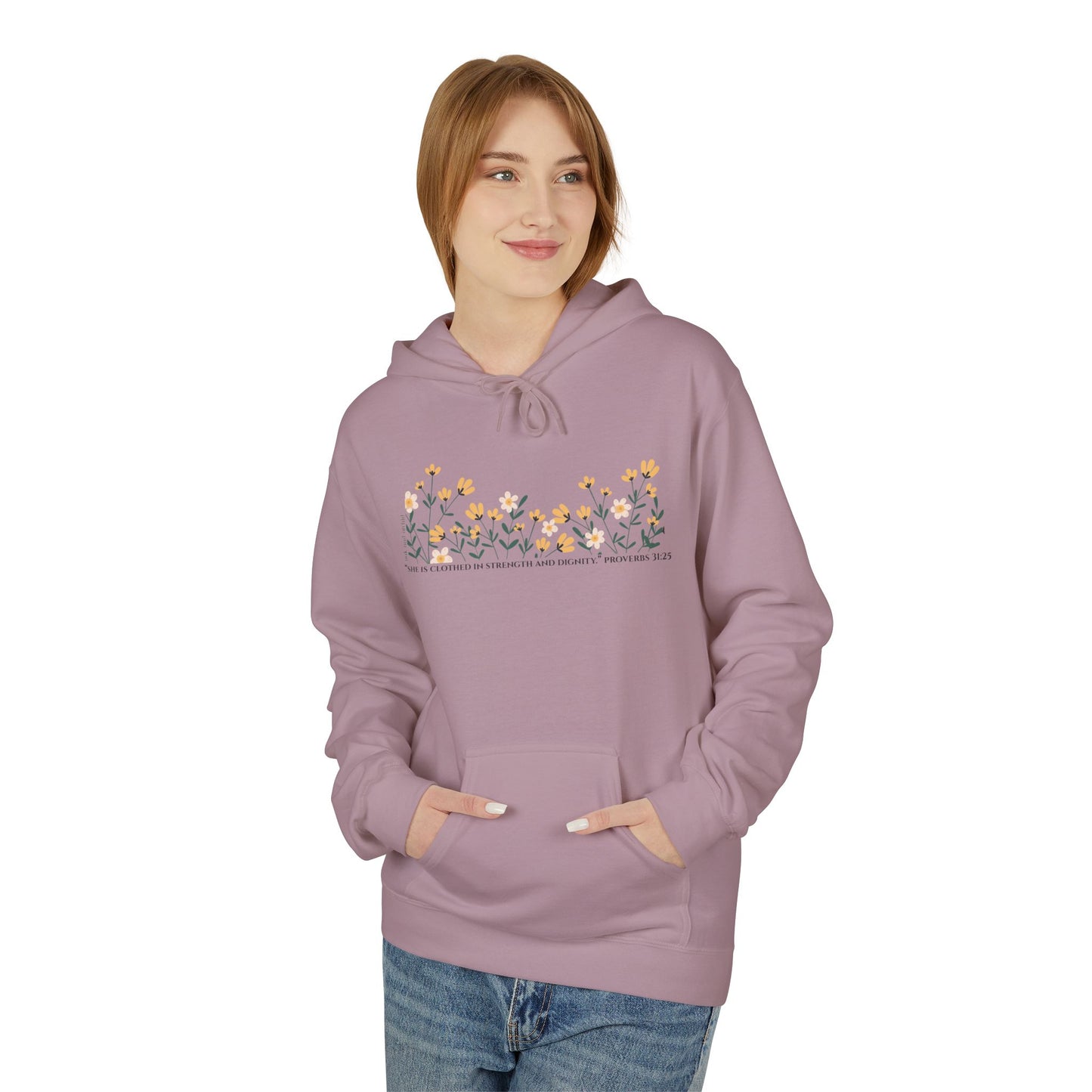 Meadow Musings - Floral Quote Fleece Hoodie Midweight Comfort