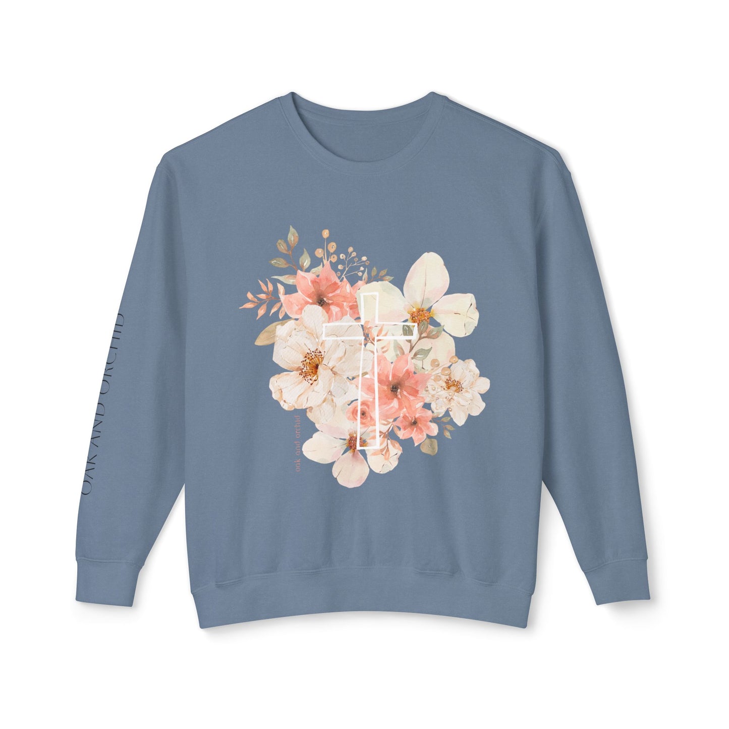 Fields of Mercy - Floral Cross Unisex Lightweight Crewneck Sweatshirt - Faith & Grace
