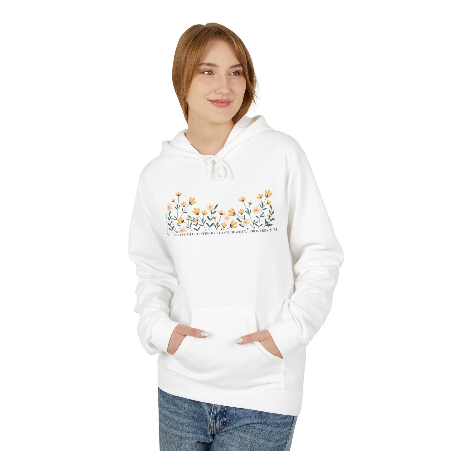 Meadow Musings - Floral Quote Fleece Hoodie Midweight Comfort