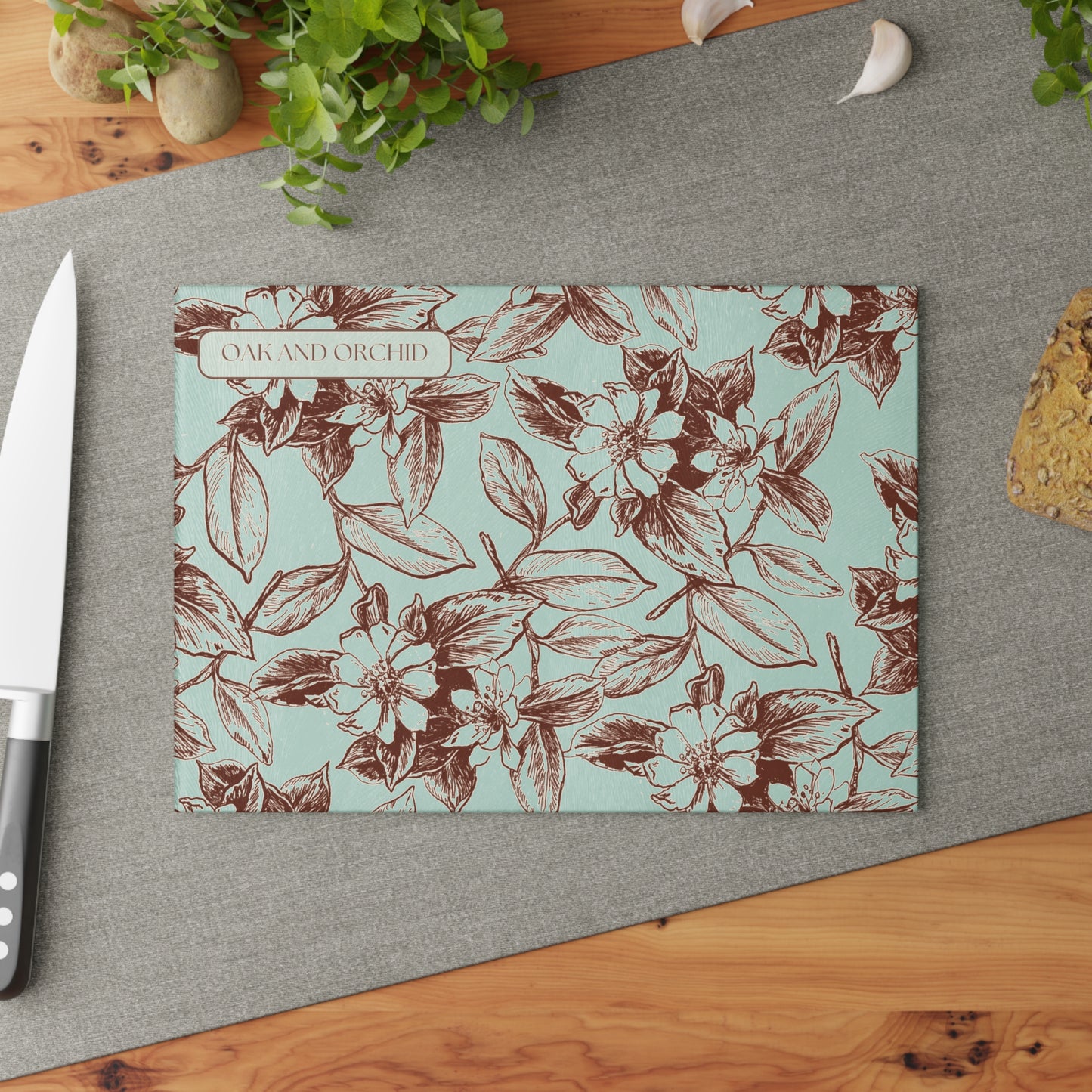 Ivory Ink - Elegant Floral Glass Cutting Board - Oak and Orchid Design