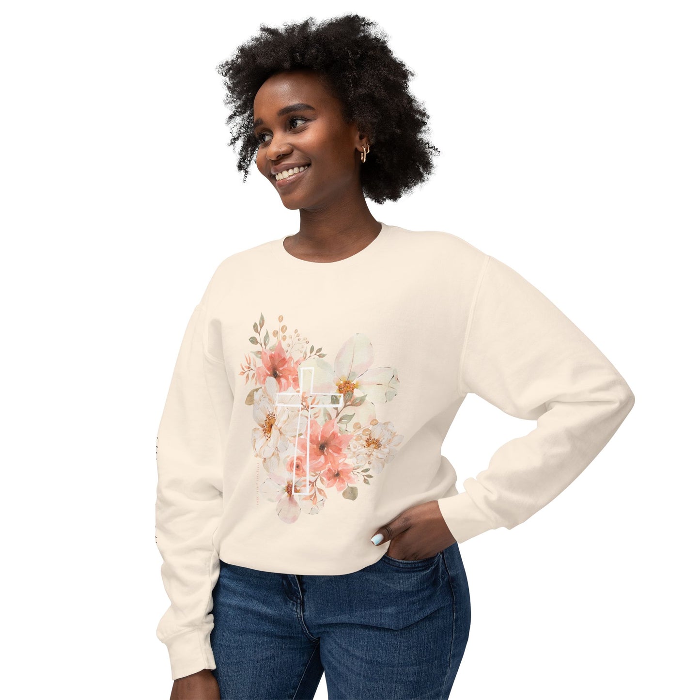 Fields of Mercy - Floral Cross Unisex Lightweight Crewneck Sweatshirt - Faith & Grace