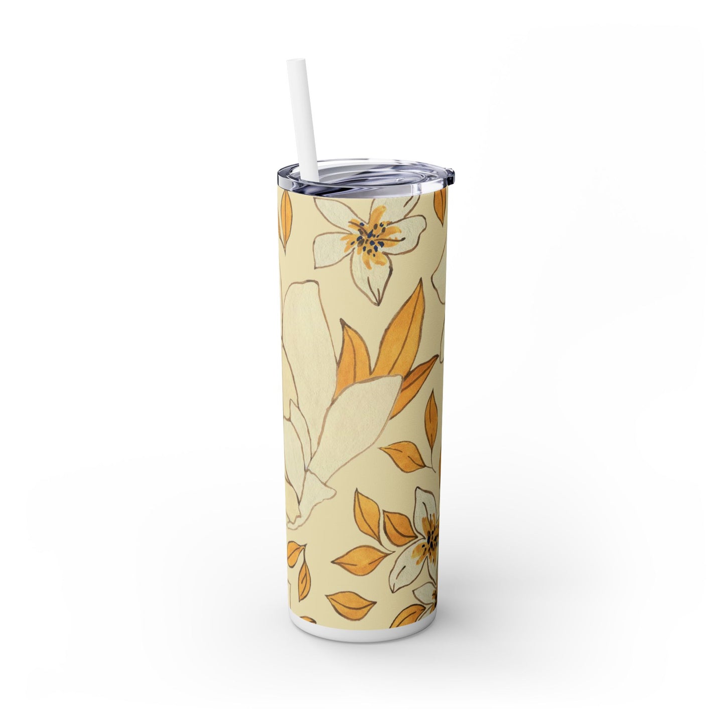 Floral Skinny Tumbler with Straw - 20oz, Personalized Oak and Orchid Design