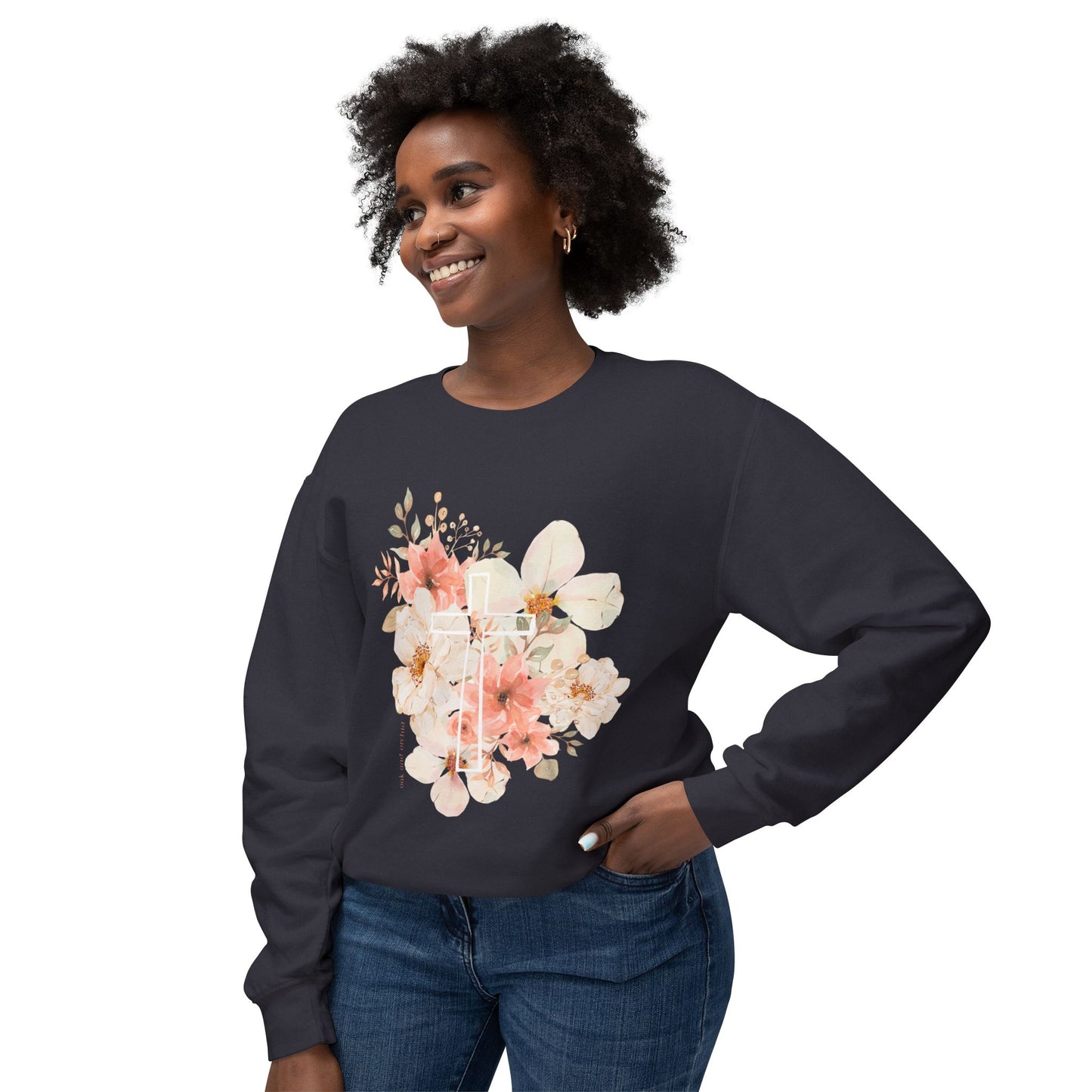 Fields of Mercy - Floral Cross Unisex Lightweight Crewneck Sweatshirt - Faith & Grace