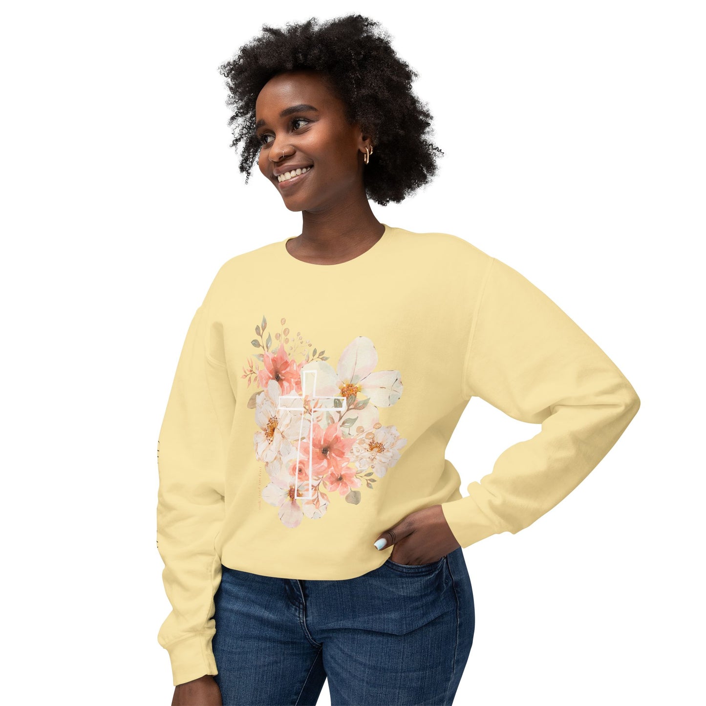 Fields of Mercy - Floral Cross Unisex Lightweight Crewneck Sweatshirt - Faith & Grace