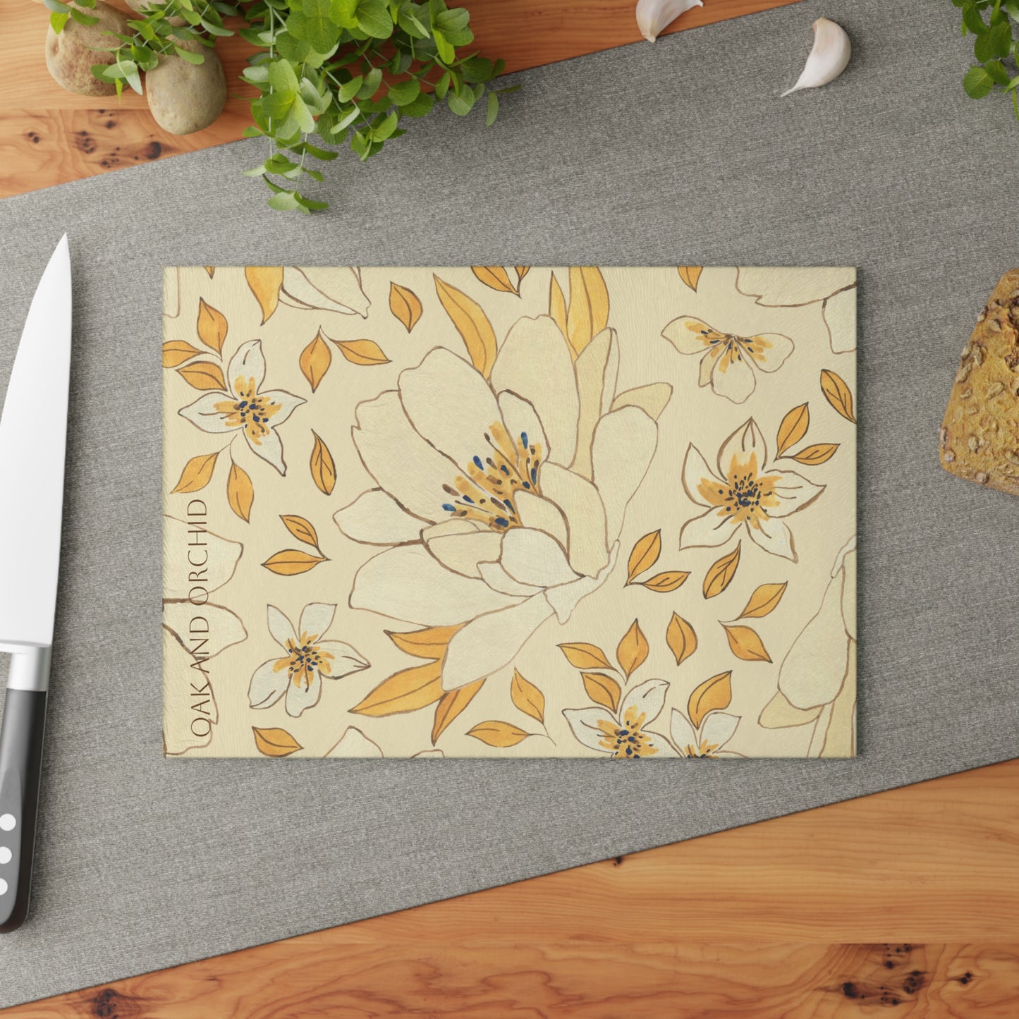 Buttered Bloom - Floral Design Glass Cutting Board - Elegant Kitchen Decor for Cooking Enthusiasts
