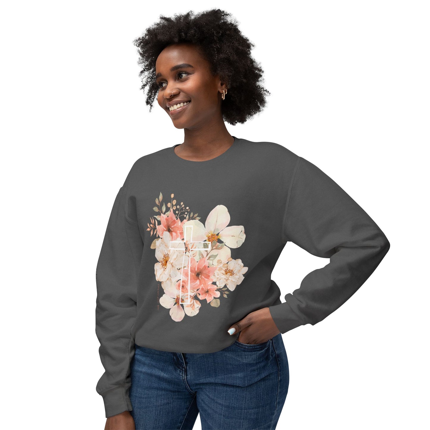 Fields of Mercy - Floral Cross Unisex Lightweight Crewneck Sweatshirt - Faith & Grace