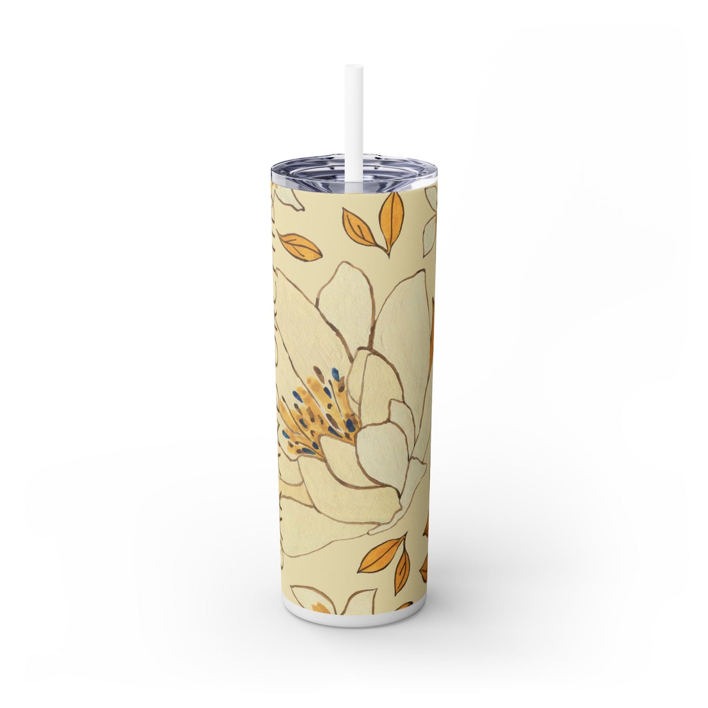 Floral Skinny Tumbler with Straw - 20oz, Personalized Oak and Orchid Design