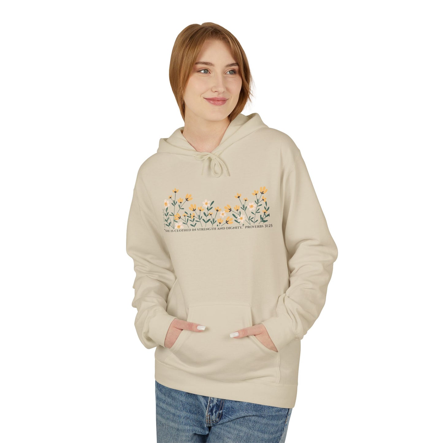 Meadow Musings - Floral Quote Fleece Hoodie Midweight Comfort