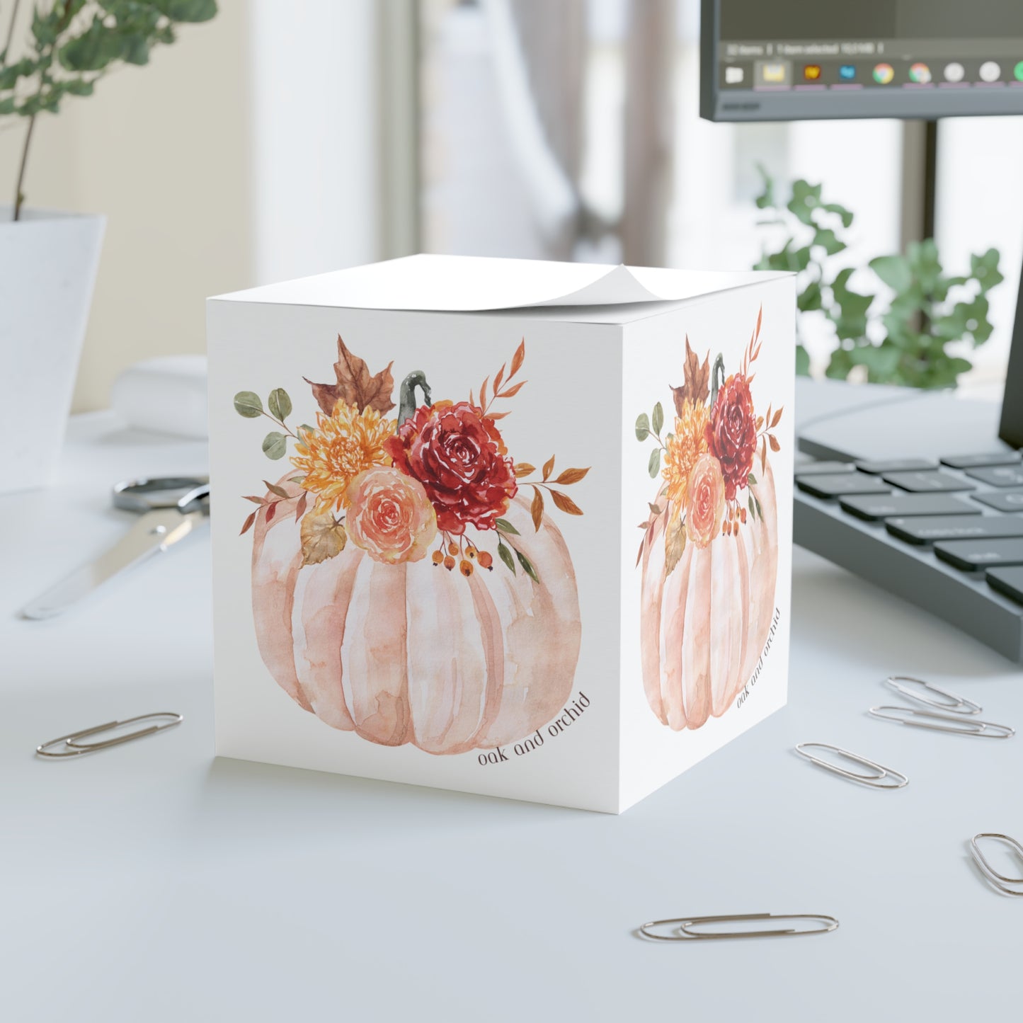 Fall Floral Note Cube, Harvest Stationery, Autumn Desk Decor, Pumpkin Notepad, Thanksgiving Gift