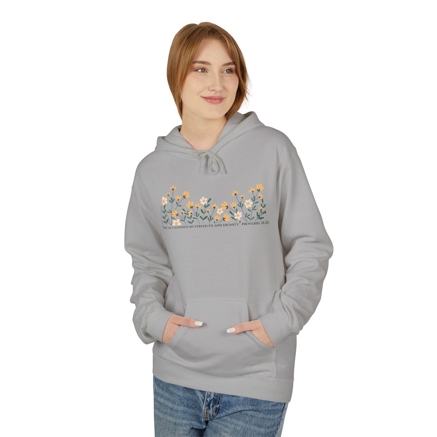 Meadow Musings - Floral Quote Fleece Hoodie Midweight Comfort