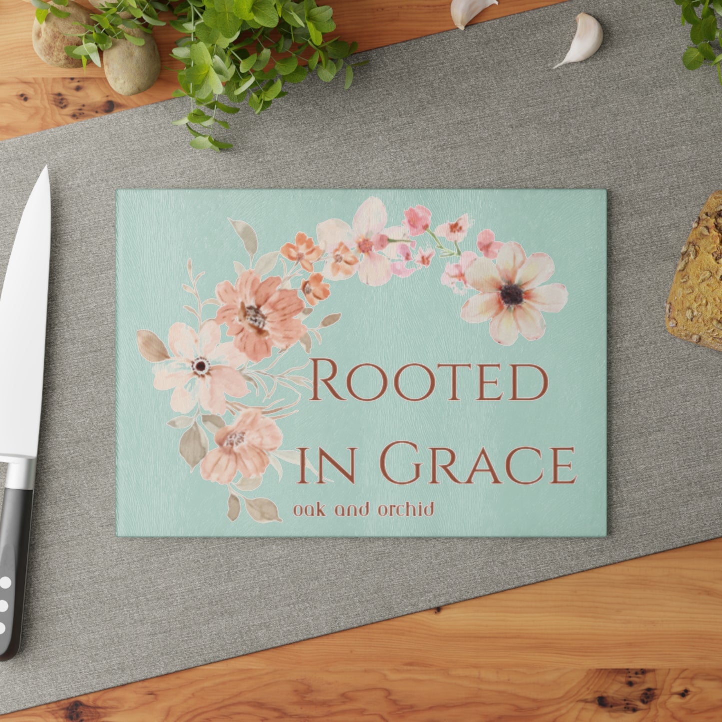 Meadow Musings - Rooted in Grace Floral Glass Cutting Board - Elegant Kitchen Decor for Home Chefs
