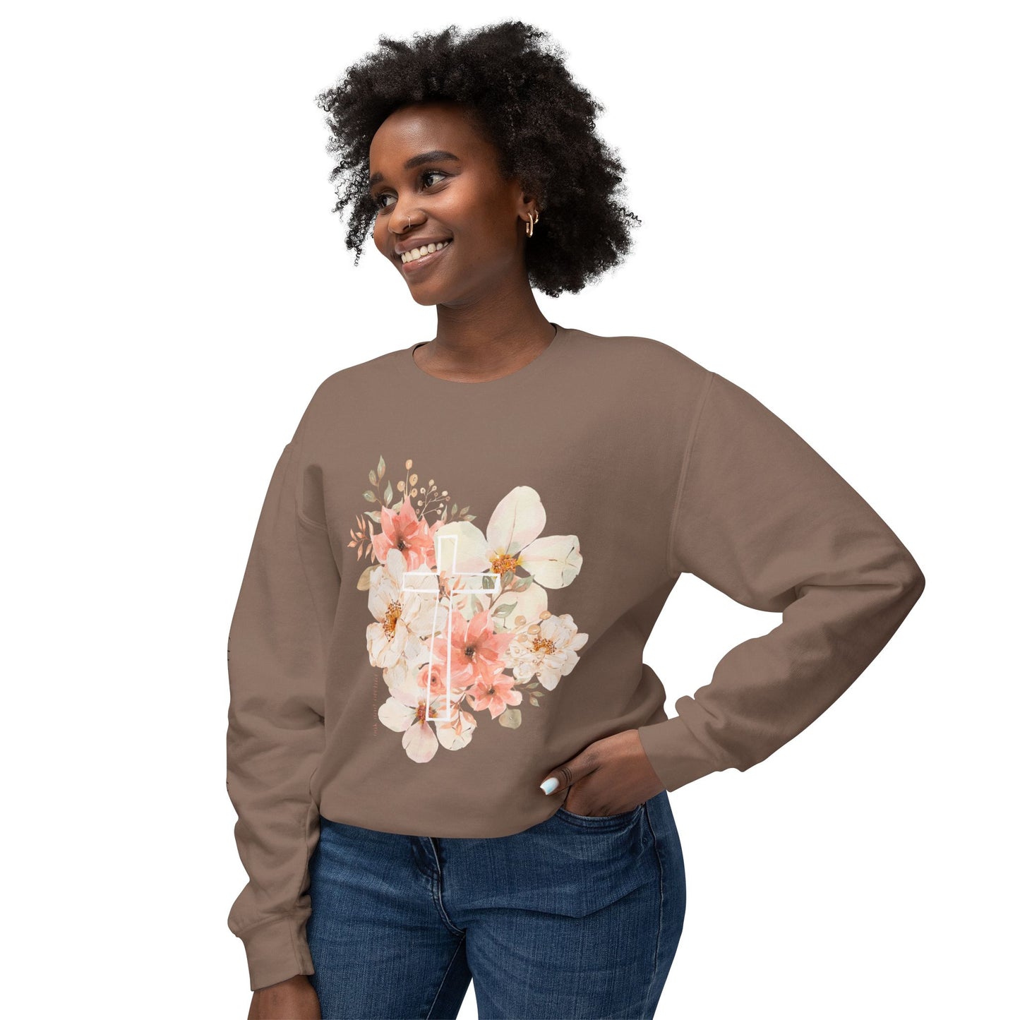 Fields of Mercy - Floral Cross Unisex Lightweight Crewneck Sweatshirt - Faith & Grace