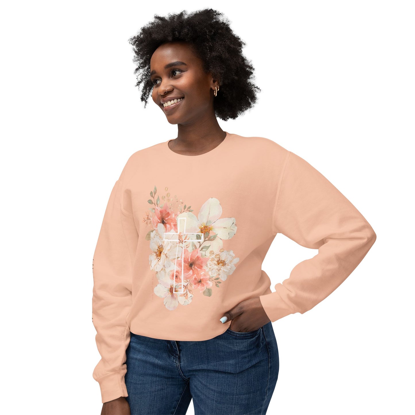 Fields of Mercy - Floral Cross Unisex Lightweight Crewneck Sweatshirt - Faith & Grace