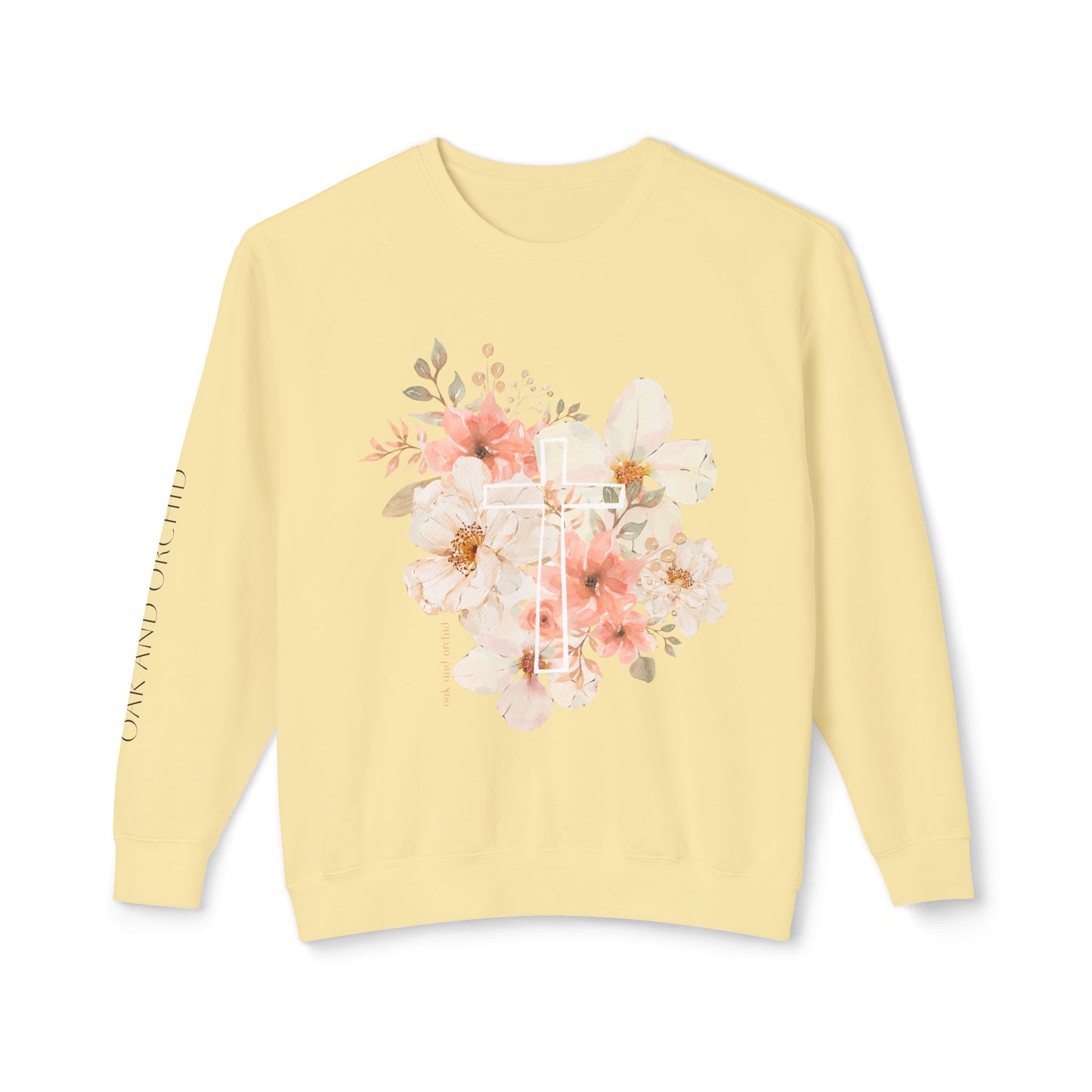 Fields of Mercy - Floral Cross Unisex Lightweight Crewneck Sweatshirt - Faith & Grace