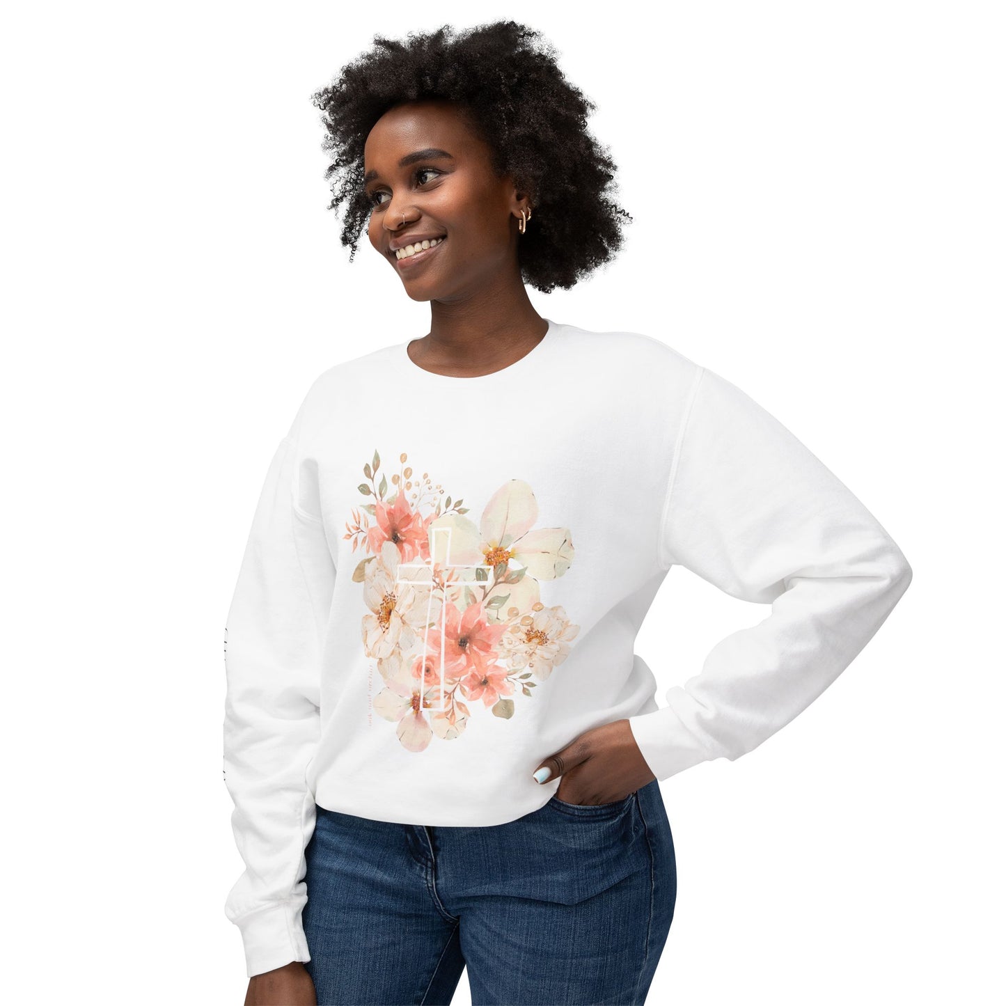 Fields of Mercy - Floral Cross Unisex Lightweight Crewneck Sweatshirt - Faith & Grace