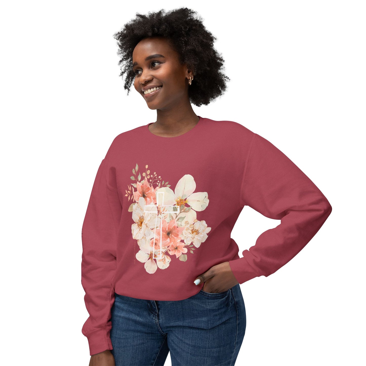 Fields of Mercy - Floral Cross Unisex Lightweight Crewneck Sweatshirt - Faith & Grace