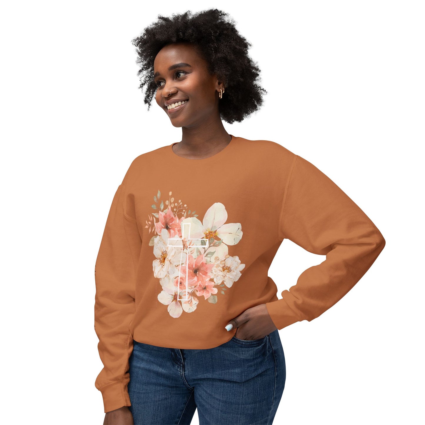 Fields of Mercy - Floral Cross Unisex Lightweight Crewneck Sweatshirt - Faith & Grace