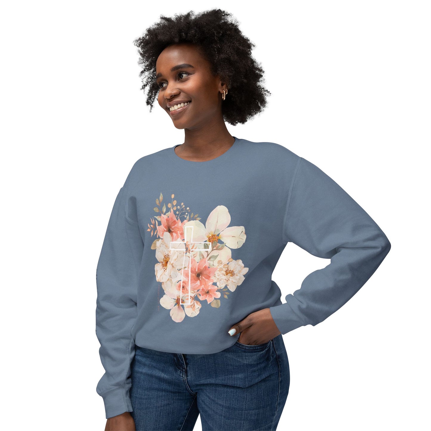 Fields of Mercy - Floral Cross Unisex Lightweight Crewneck Sweatshirt - Faith & Grace