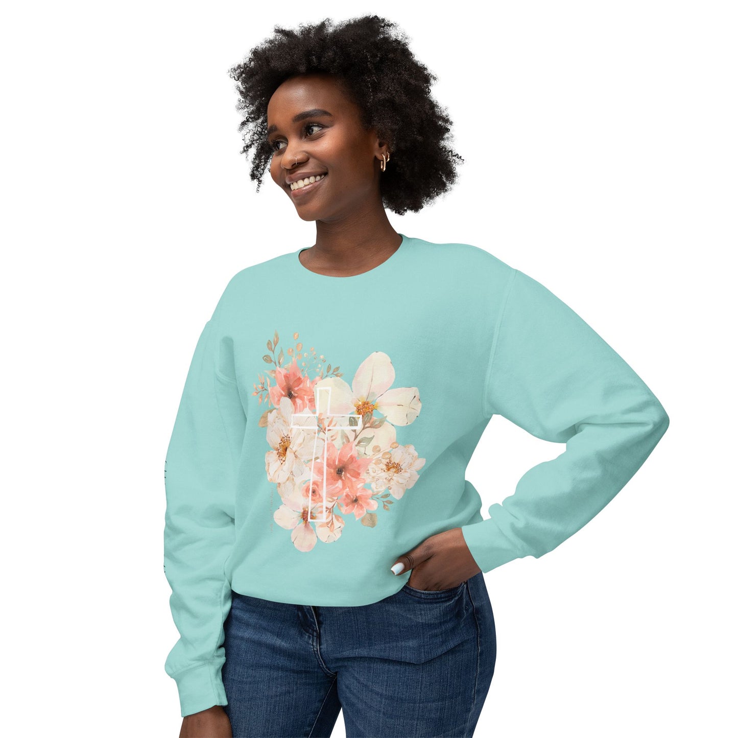 Fields of Mercy - Floral Cross Unisex Lightweight Crewneck Sweatshirt - Faith & Grace