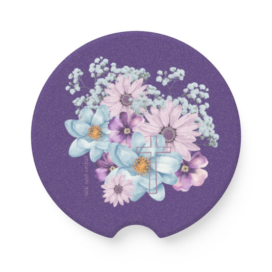Fields of Mercy - Cross Car Coaster | Cute Drink Coaster for Auto, Car Accessories, Gift for Her, Home Decor, Flower Power