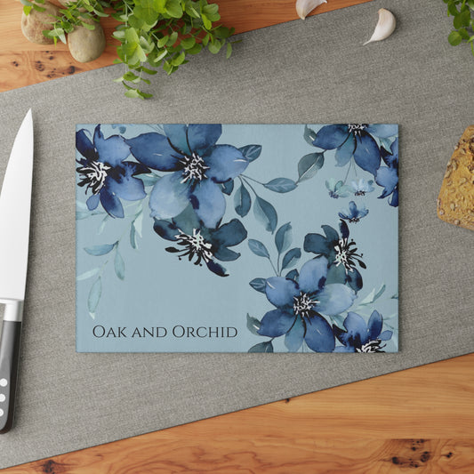 Cerulean Flora - Floral Glass Cutting Board, Kitchen Decor, Housewarming Gift, Wedding Gift, Culinary Art, Personalized Kitchen Accessory