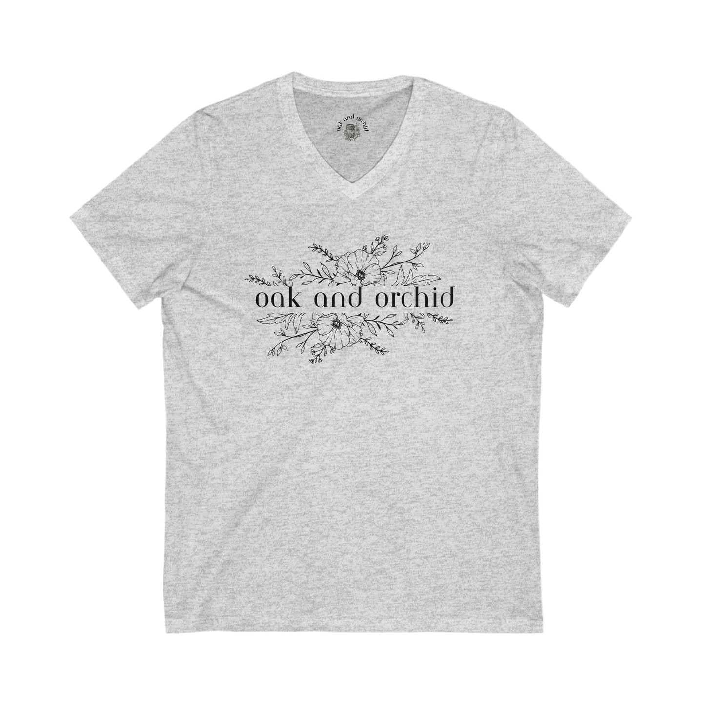 Minimalist Magnolia - Floral V-Neck Tee with Oak and Orchid Design, Casual Wear, Eco-Friendly Fashion, Gift for Nature Lovers, Spring and Summer Style
