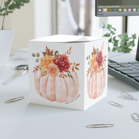 Fall Floral Note Cube, Harvest Stationery, Autumn Desk Decor, Pumpkin Notepad, Thanksgiving Gift