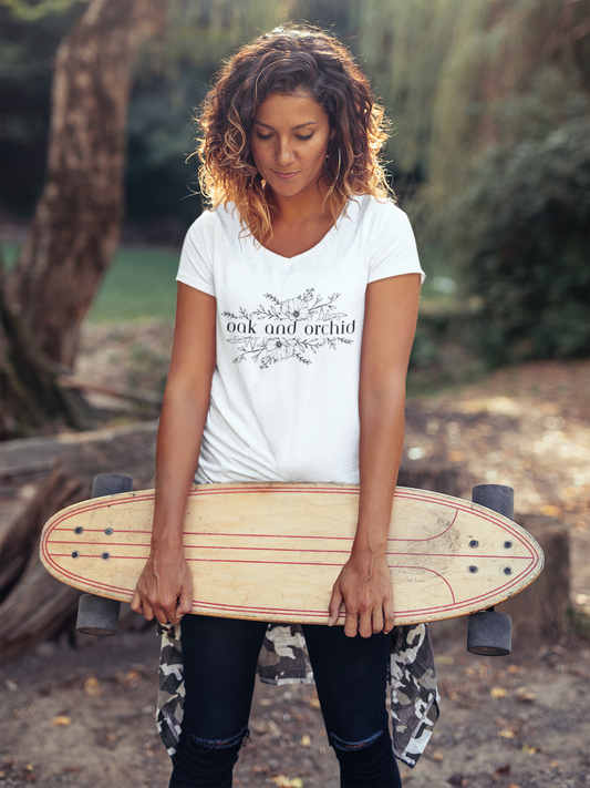 Minimalist Magnolia - Floral V-Neck Tee with Oak and Orchid Design, Casual Wear, Eco-Friendly Fashion, Gift for Nature Lovers, Spring and Summer Style