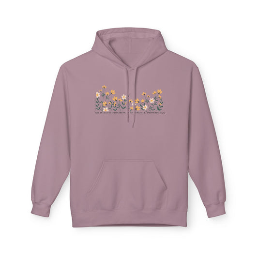 Meadow Musings - Floral Quote Fleece Hoodie  Midweight Comfort