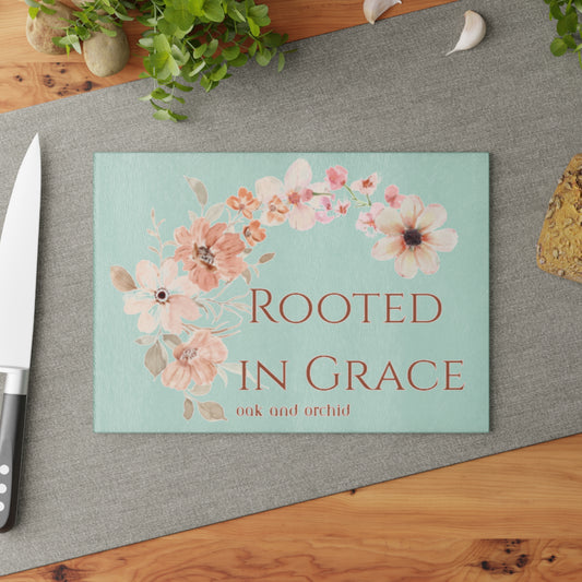 Meadow Musings - Rooted in Grace Floral Glass Cutting Board - Elegant Kitchen Decor for Home Chefs