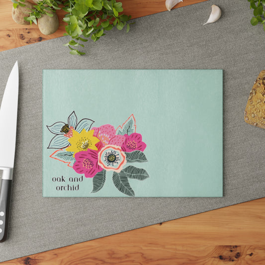 Sugar Petals - Floral Glass Cutting Board - Oak and Orchid Design