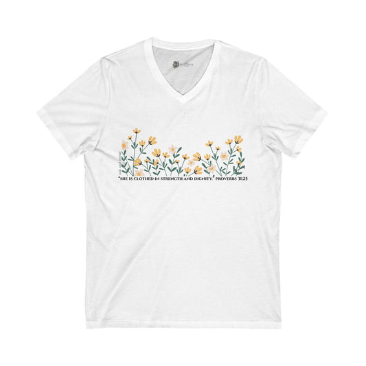 Meadow Musings - V-Neck Tee - "She is Clothed in Strength and Dignity"