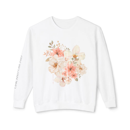 Fields of Mercy - Floral Cross Unisex Lightweight Crewneck Sweatshirt - Faith & Grace