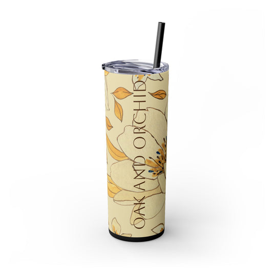 Floral Skinny Tumbler with Straw - 20oz, Personalized Oak and Orchid Design